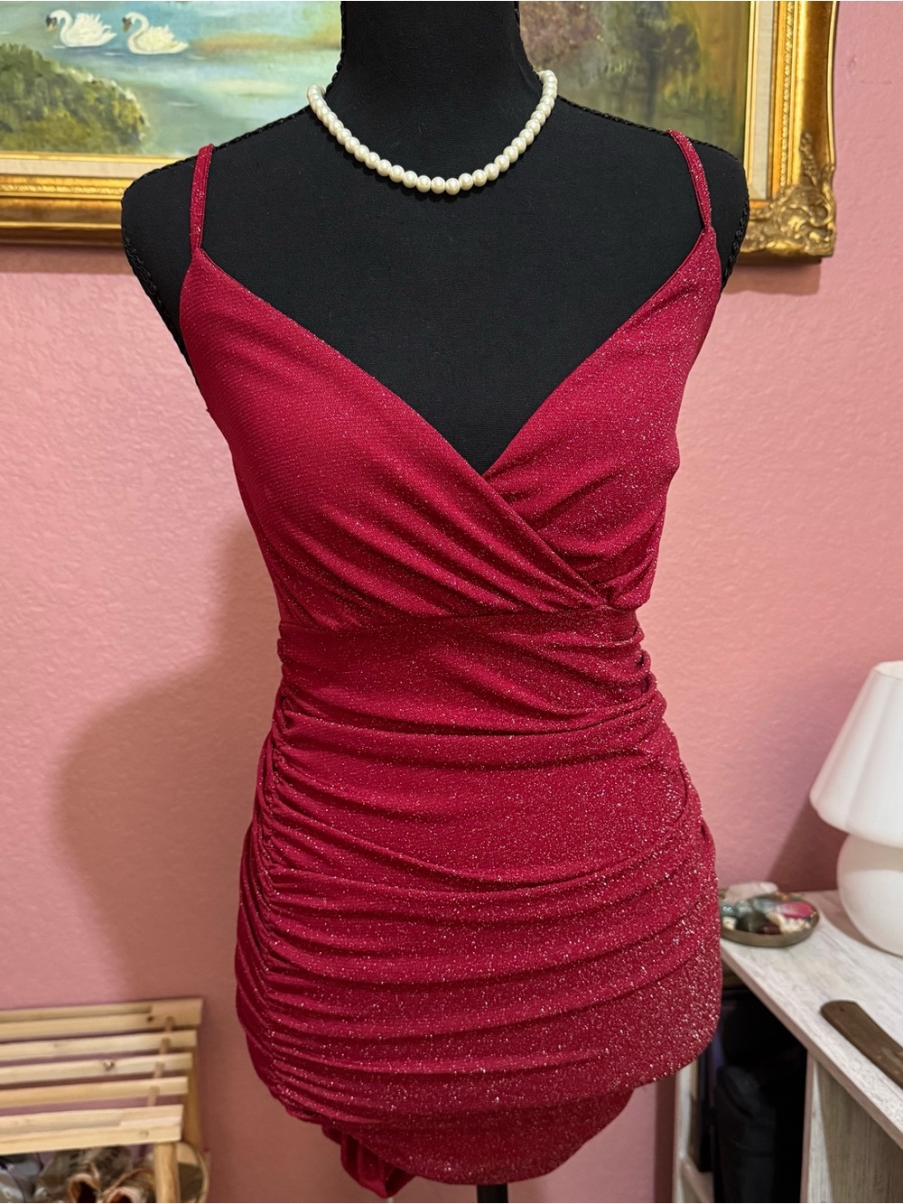 Red Glitter Ruched Spaghetti Strap Dress